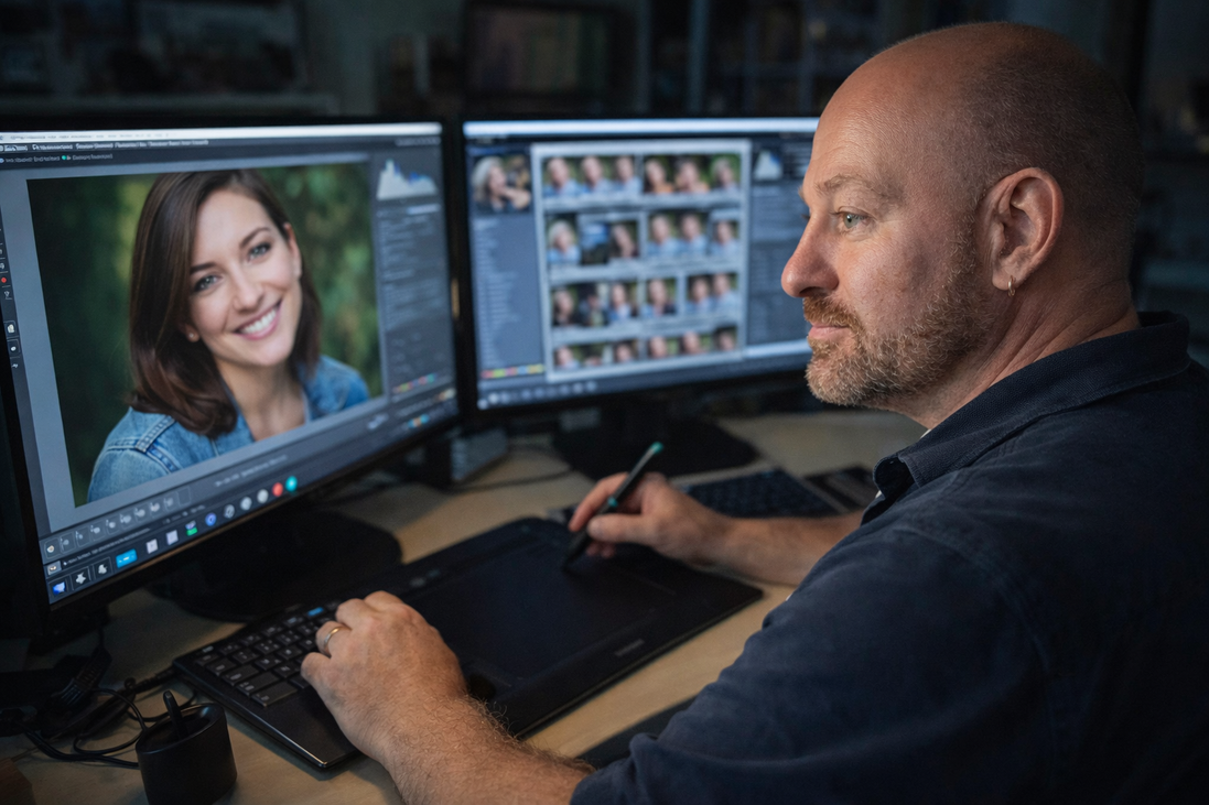 Bildbearbeitung am Rechner mit Hochzeitsfotos
